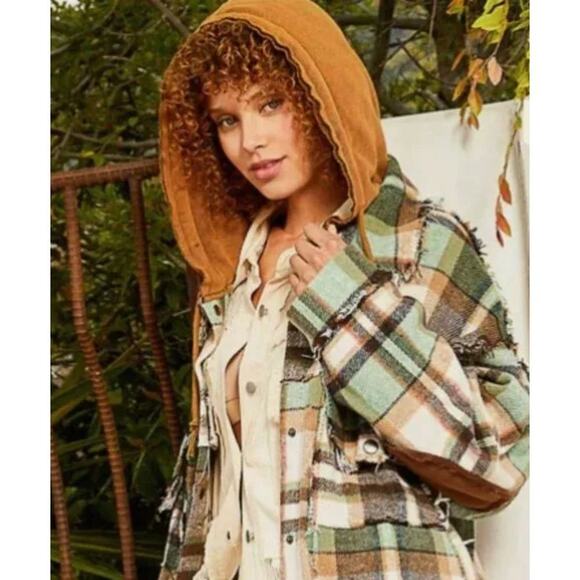 New without tags POL, Plaid Trucker Jacket, Sage Mocha Oversized Cotton SZ S - Picture 3 of 12